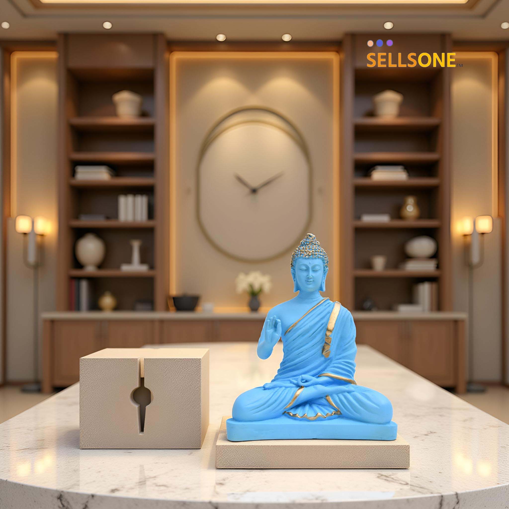 8.5 Inch Sky Blue Buddha Murti - Resin Statue for Peaceful Home Decor