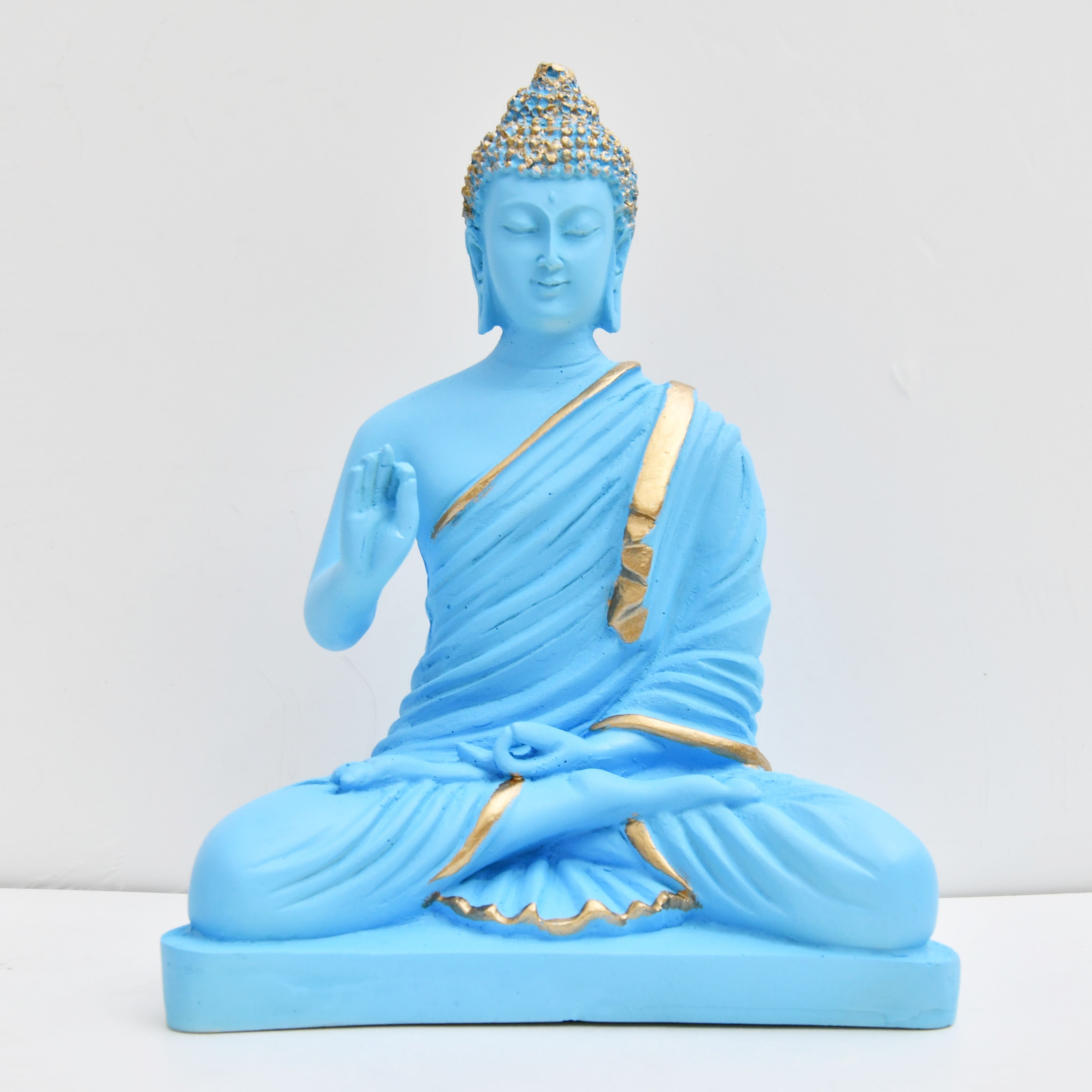 8.5 Inch Sky Blue Buddha Murti - Resin Statue for Peaceful Home Decor