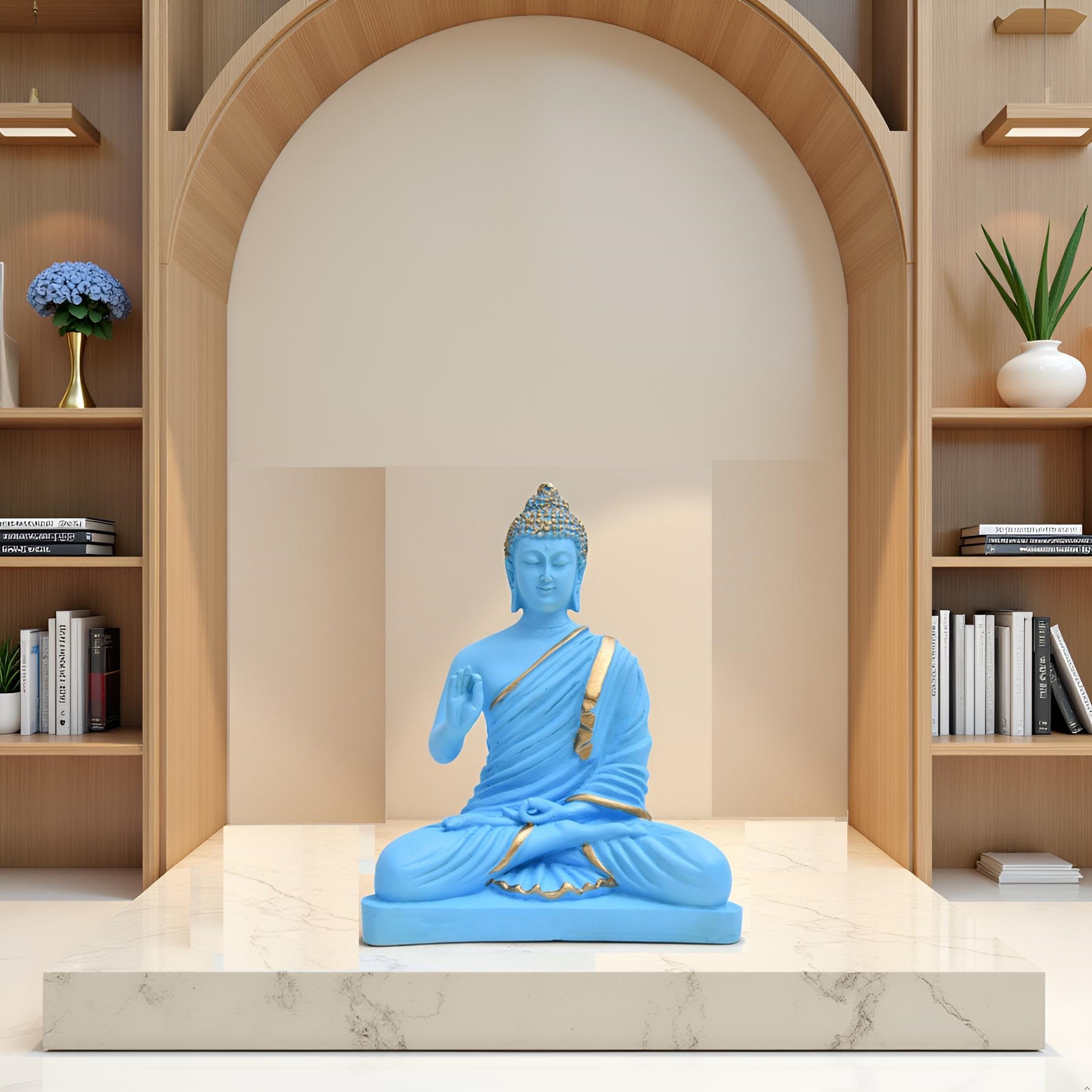 8.5 Inch Sky Blue Buddha Murti - Resin Statue for Peaceful Home Decor